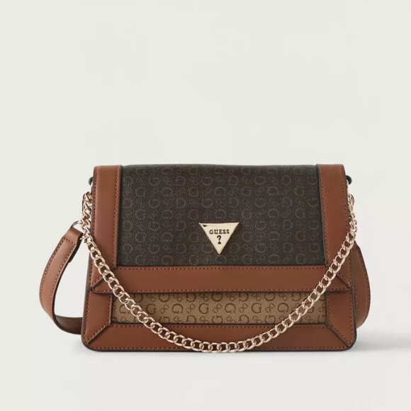 Guess Monogram Print Crossbody Bag with Chain Detail and Button Closure NWOT - Picture 1 of 7
